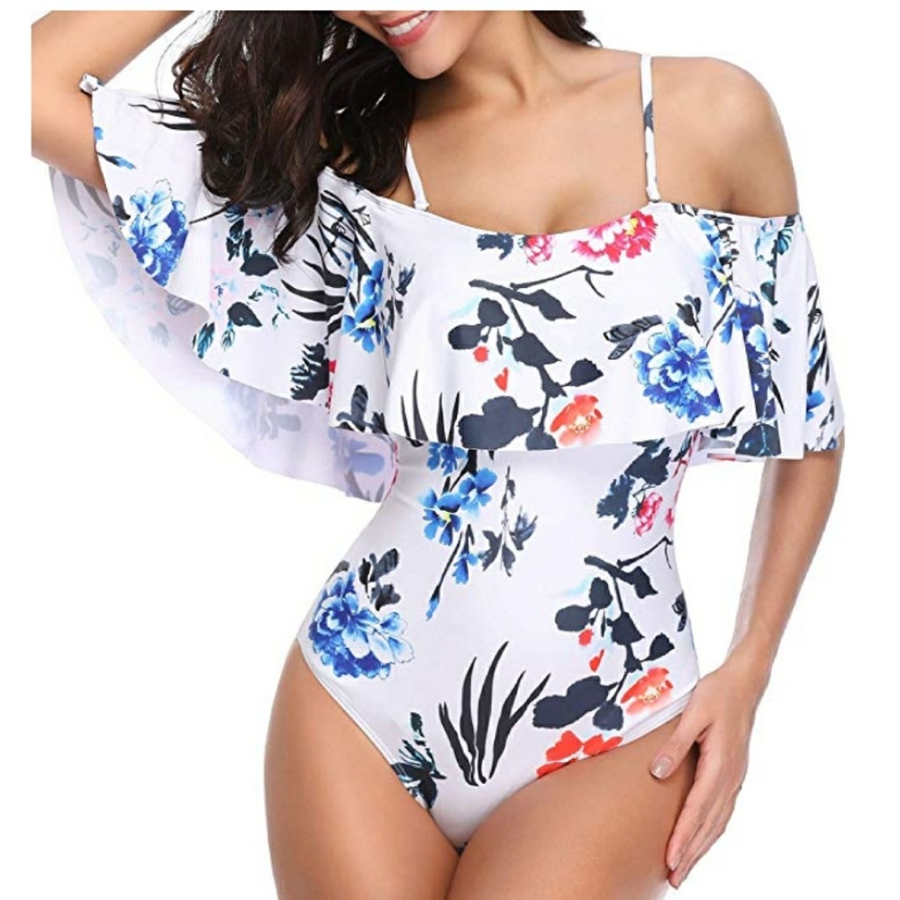 New -Women ruffle off shoulder 1 piece swimsuit size M- Brand New In Pack